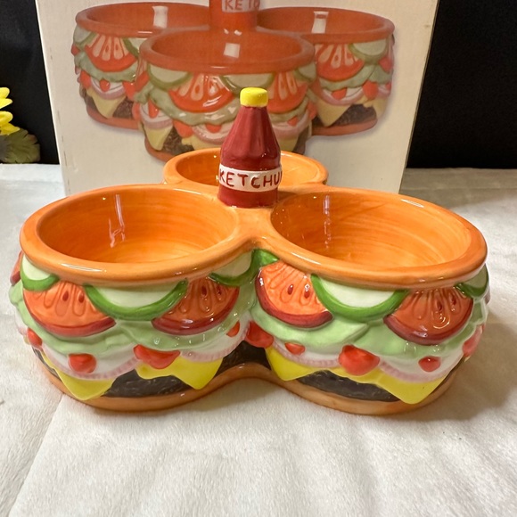 New Pacific Vintage Cheeseburger Tri-Server Condiment Dish w/Ketchup Bottle Knob - Picture 5 of 14